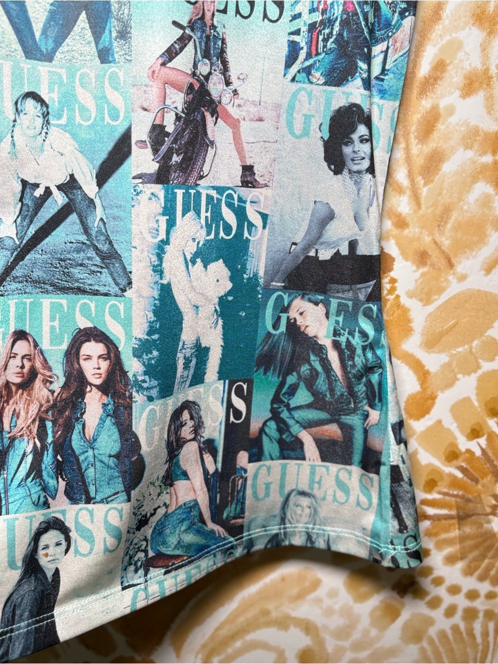 GUESS Graphic Logo Tee | Y2K Baby Tee | Blue Collage Print Fitted T-Shirt - Picture 7 of 10